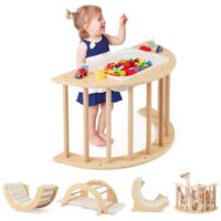 HOGEBABY Kids Wooden Arch Rocker with Cushion, 6-in-1 Montessori Climbing Toys for Toddlers, Indoor Sensory Table