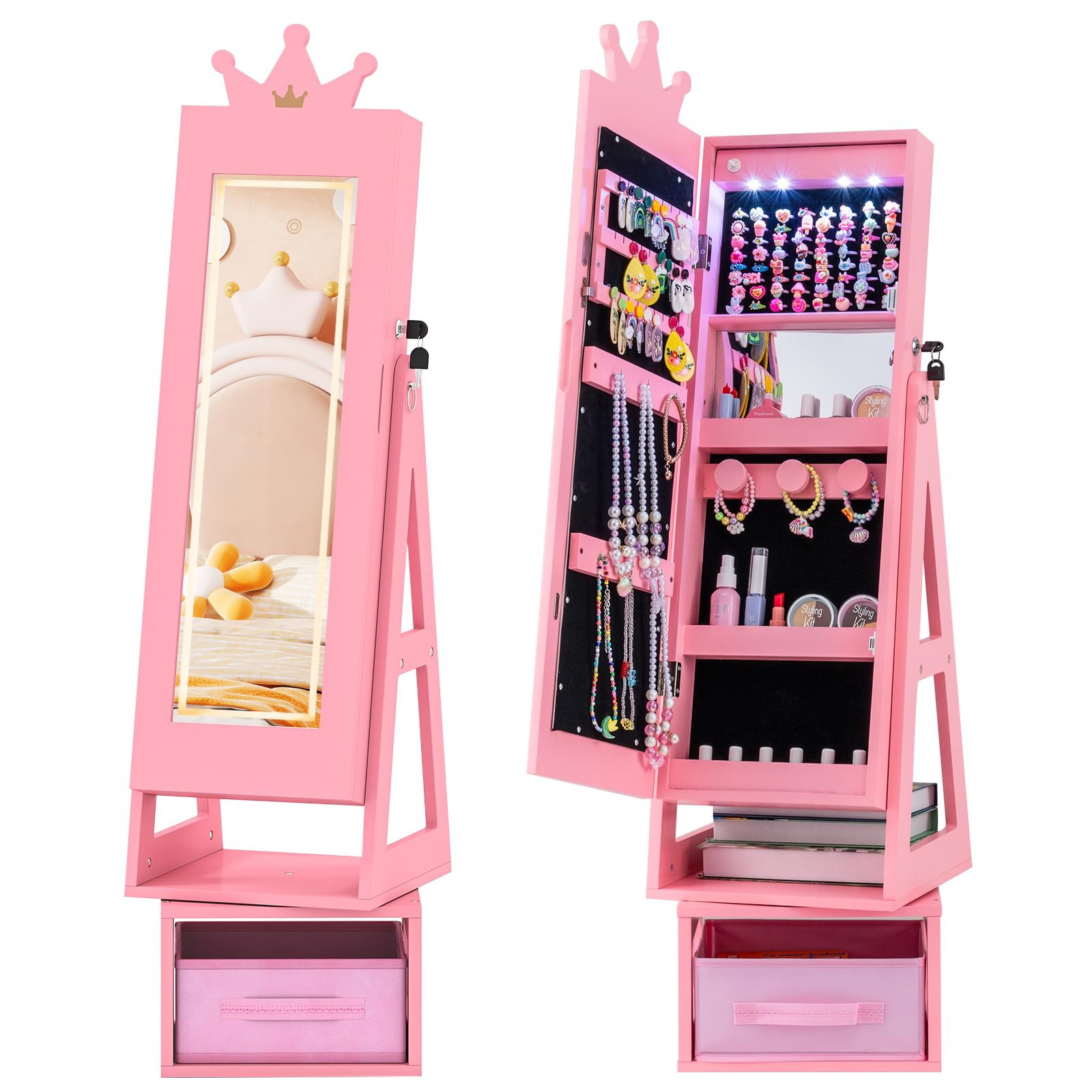 HOGEBABY LED Kids Jewelry Armoire 360 Swivel Jewelry Cabinet with Full Length Mirror