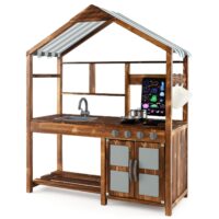 HOGEBABY Mud Kitchen, Outdoor Play Kitchen with Canopy, Wooden Kids Kitchen Playset, Mud Kitchen for Kids Outdoor