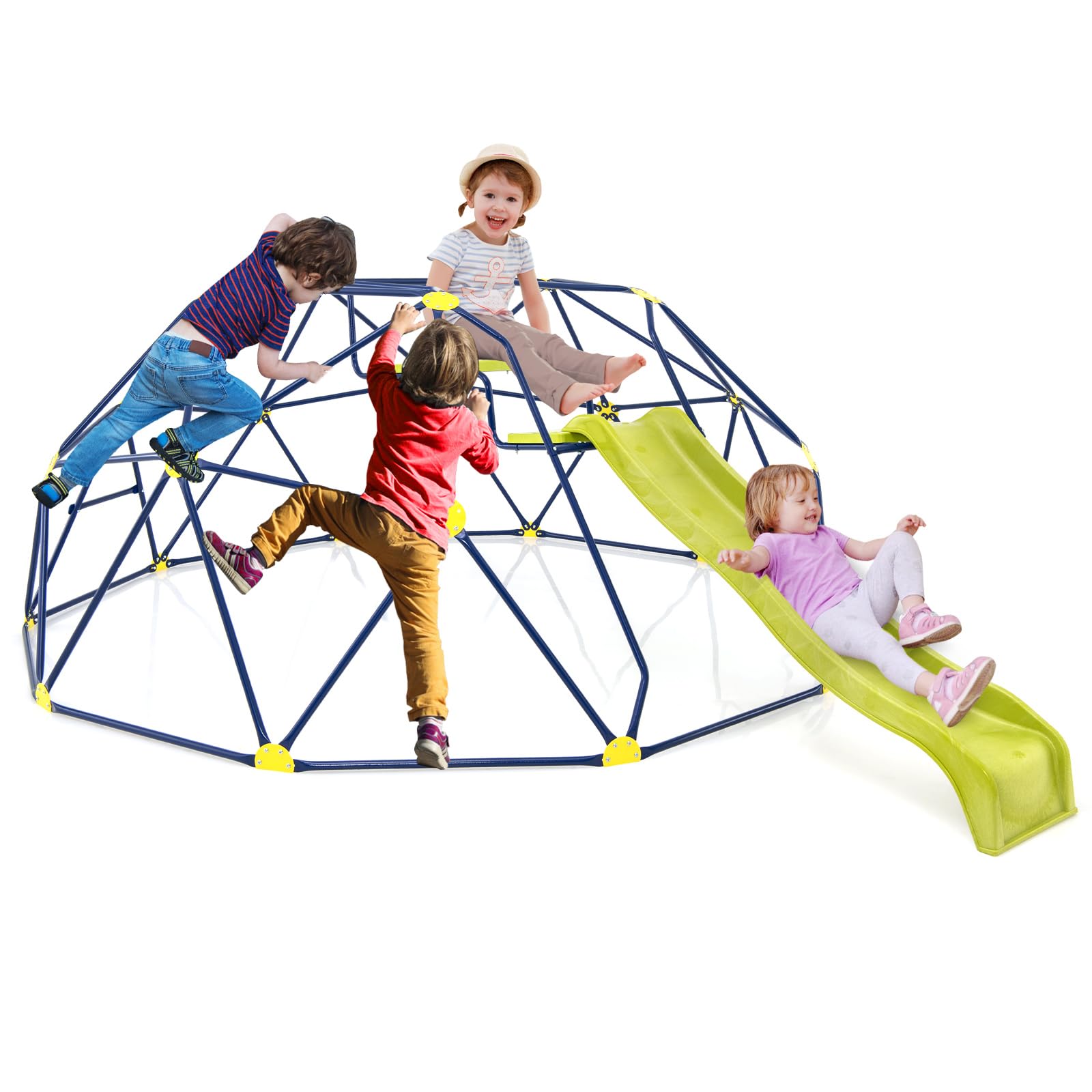 HOGEBABY Climbing Dome with Extended Wavy Slide, 13.3FT Outdoor Jungle Gym Monkey Bar, 2 in 1 Geometric Dome Climber Playground Set