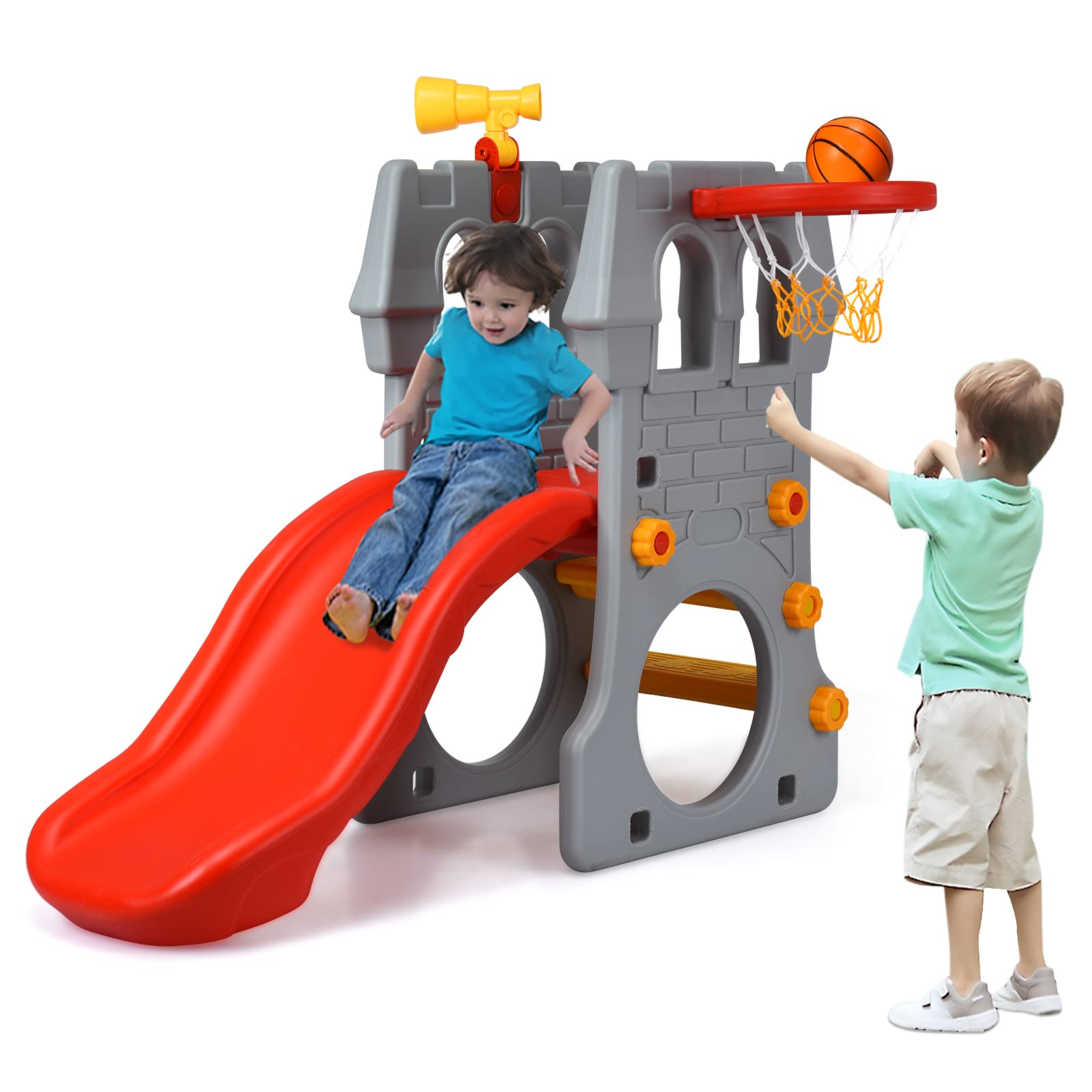 HOGEBABY Toddler Slide Playground Climber Set, 5 in 1 Slide for Kids with Basketball Hoop, Kids Large Slide Playset Gift for Both Indoor Outdoor Use