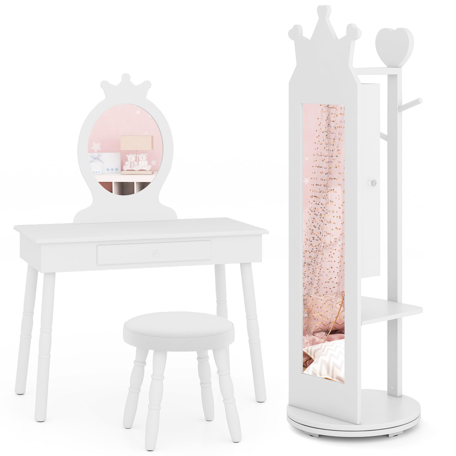HOGEBABY Kids Vanity & Jewelry Armoire Cabinet, Wooden Kids Vanity Table and Chair Set - Image 11