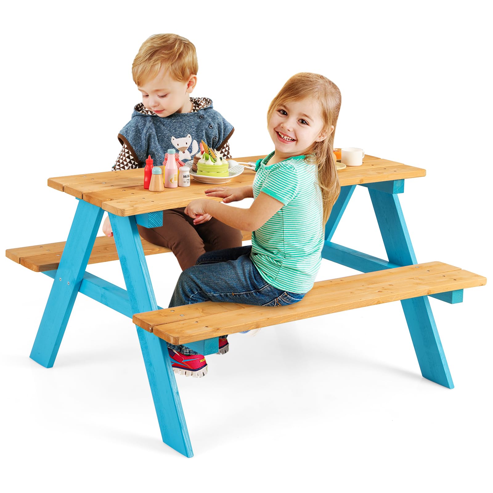 HOGEBABY Kids Picnic Table, Fir Wood Childrens Activity Table with Benches, Toddler Patio Furniture Set