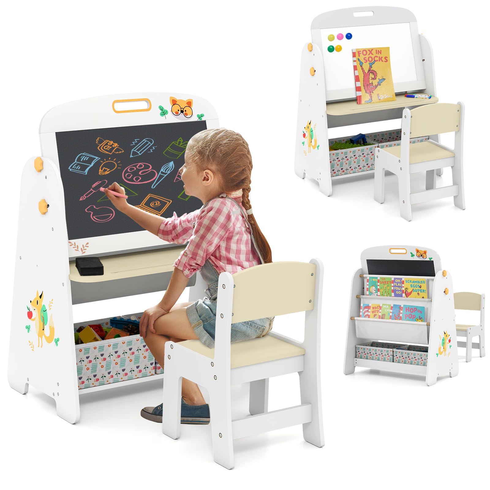 HOGEBABY 3 in 1 Kids Easel with Chair Wooden Art Table Set with Adjustable Double-Sided Magnetic Whiteboard & Blackboard