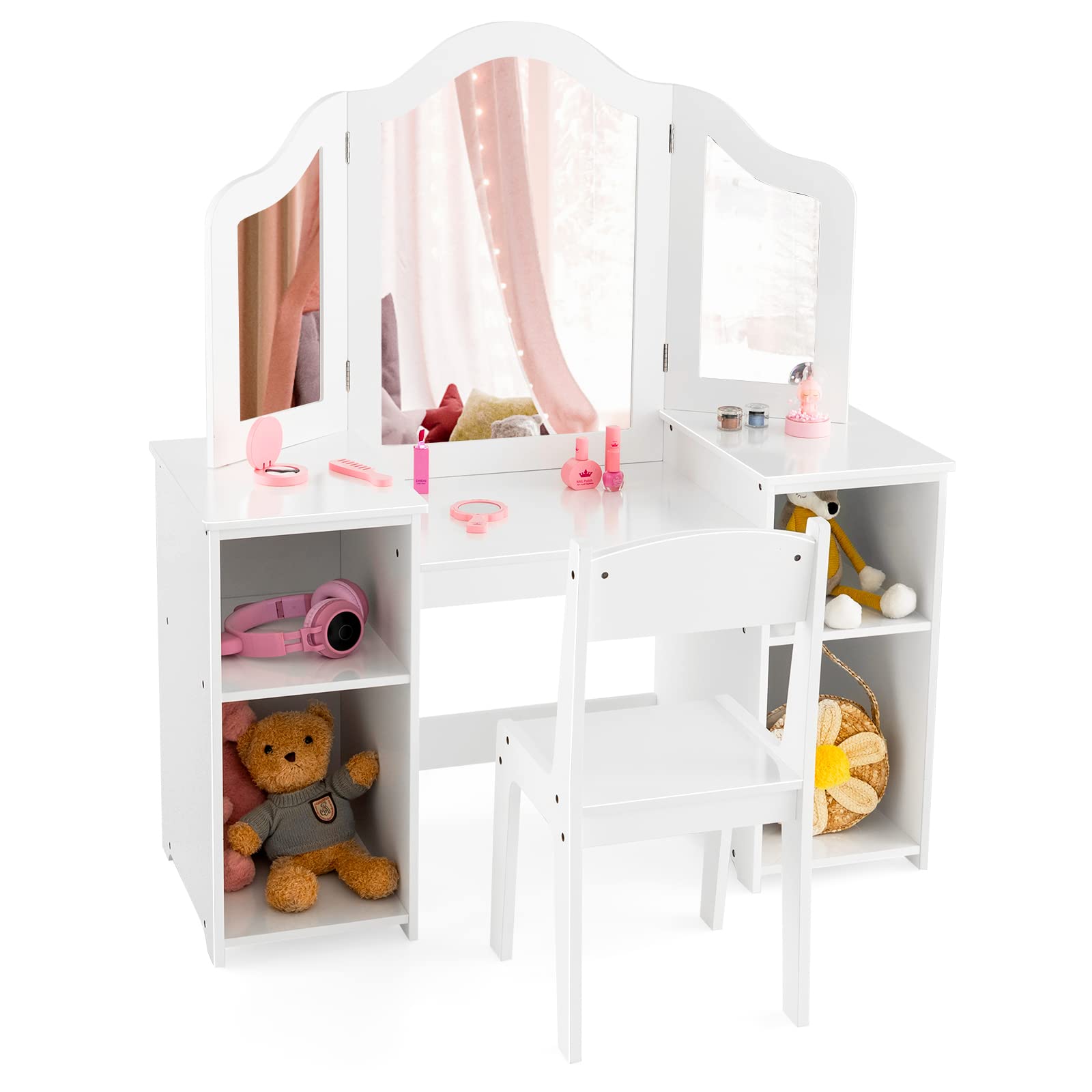 HOGEBABY Kids Vanity Set, 2 in 1 Princess Makeup Dressing Table with Detachable Tri-Folding Mirror - Image 9