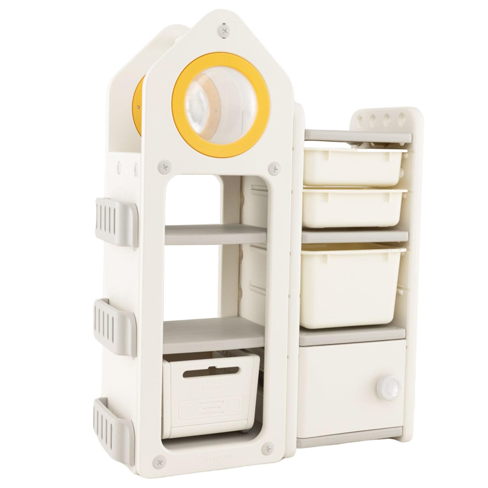 HOGEBABY Kids Toy Storage Organizer and Bookshelf, Multipurpose Shelf with Mobile Truck, Storage Bins & Cabinet