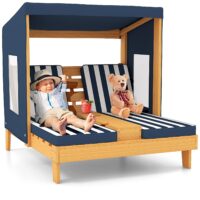 HOGEBABY Kids Lounge Chair Outdoor, Wood Double Seat Chaise Lounge with Canopy