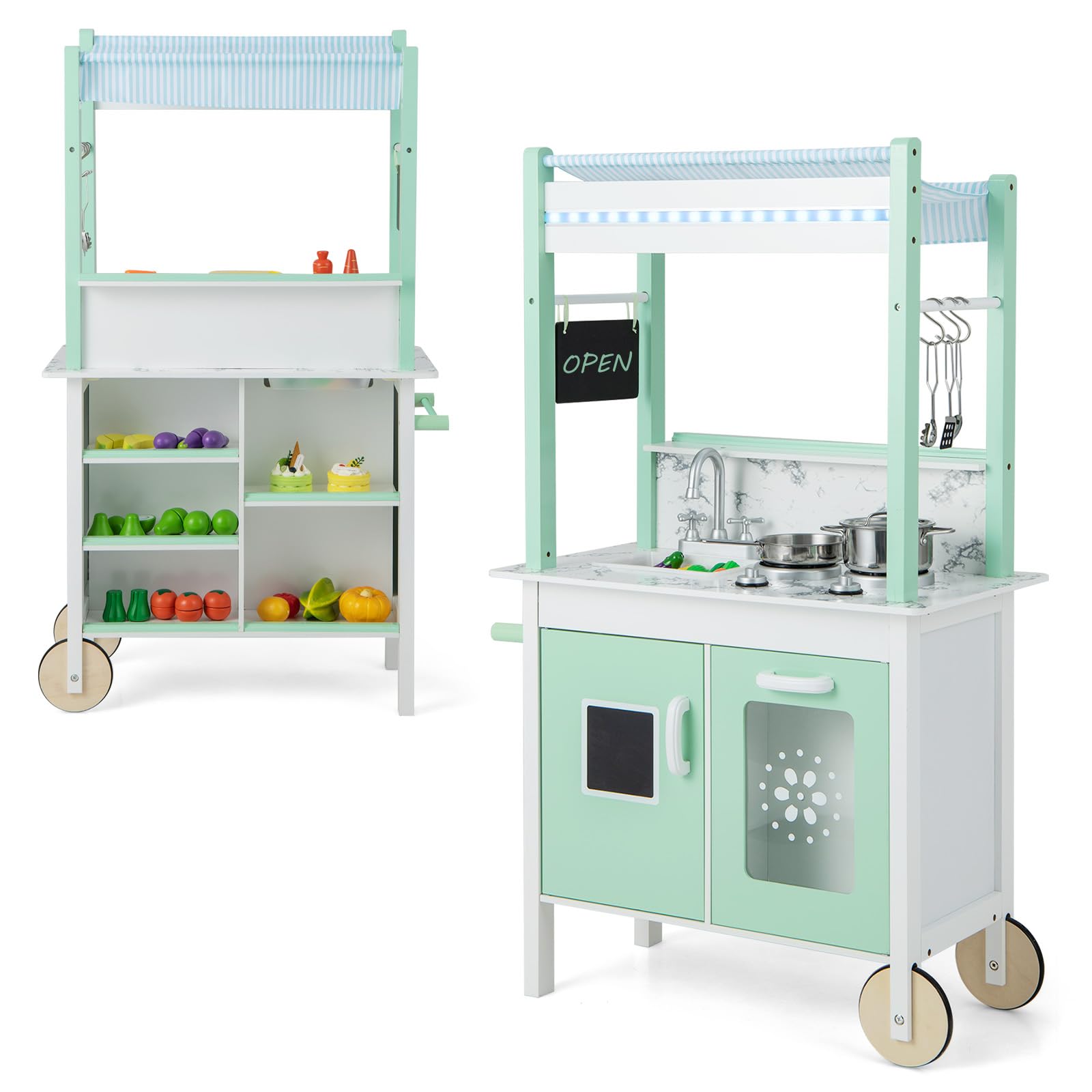 HOGEBABY Double-Sided Play Kitchen & Grocery Store, 2-in-1 Wooden Kids Kitchen Playset