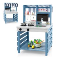 HOGEBABY 2 in 1 Mud Kitchen, Double-sided Fir Wood Kids Kitchen Playset & Pretend Grocery Store with Stoves