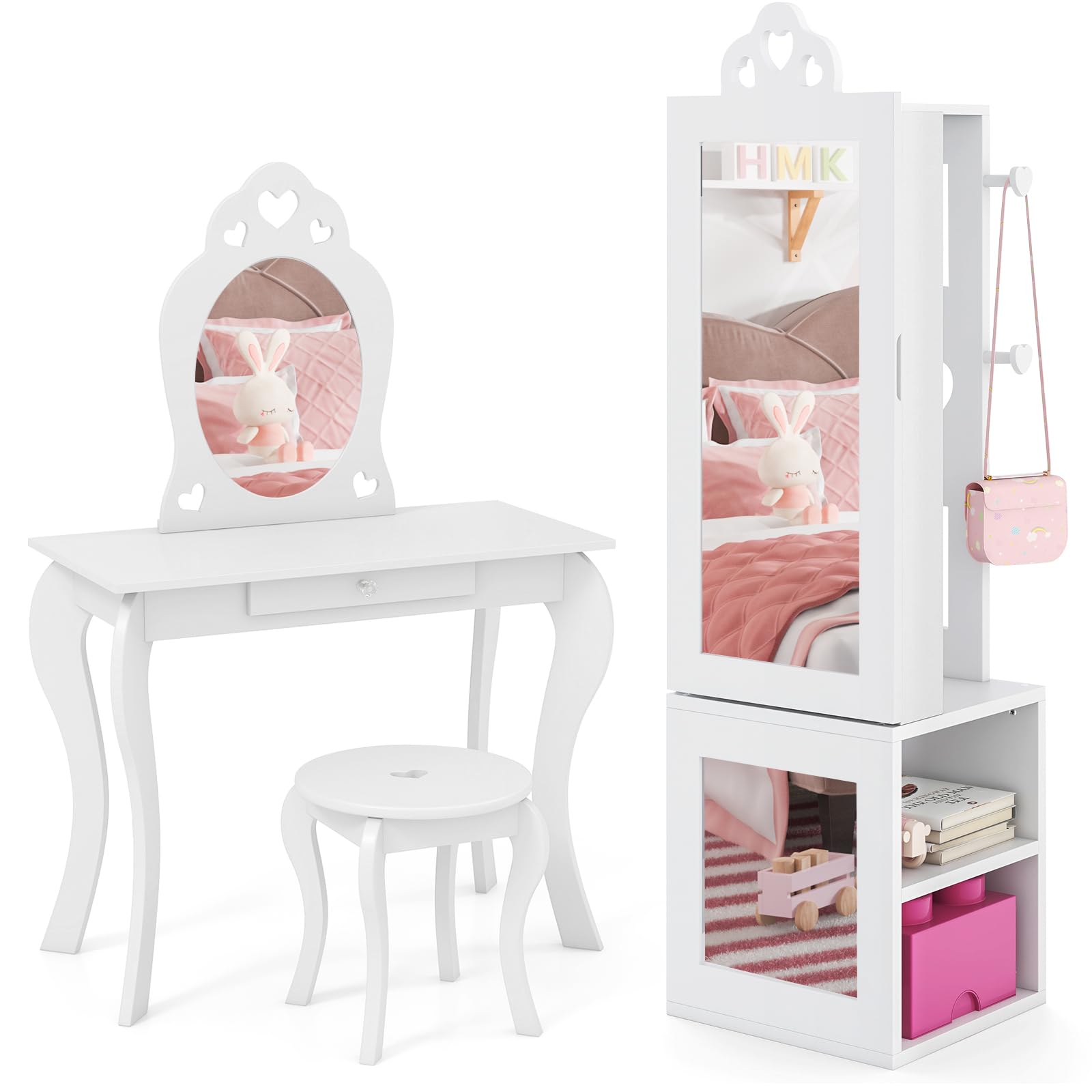 HOGEBABY Kids Vanity & Jewelry Armoire Cabinet, Wooden Kids Vanity Table and Chair Set - Image 10