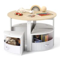 HOGEBABY Kids Table and Chairs, 5 Pieces Wooden Round Children Nesting Table with 4 Storage Stools & 4 Fabric Drawers for Activity