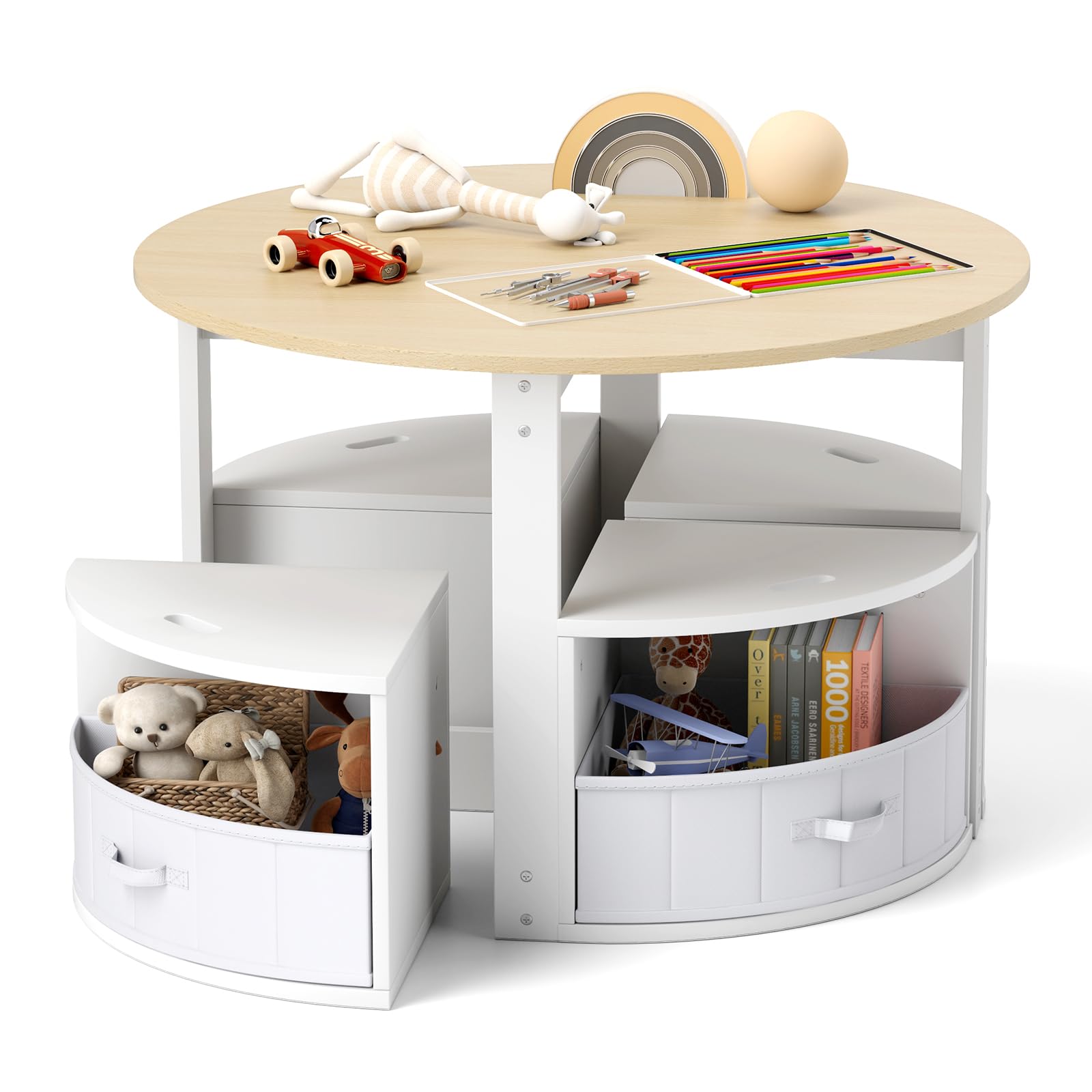 HOGEBABY Kids Table and Chairs, 5 Pieces Wooden Round Children Nesting Table with 4 Storage Stools & 4 Fabric Drawers for Activity