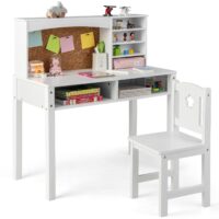 HOGEBABY Kids Desk and Chair Set, Student Study Table with Chair, Hutch, Cork Bulletin Board, Storage Shelves