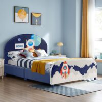 HOGEBABY Twin Bed Frames for Kids, Wood Upholstered Twin Bed Platform with Slat Support