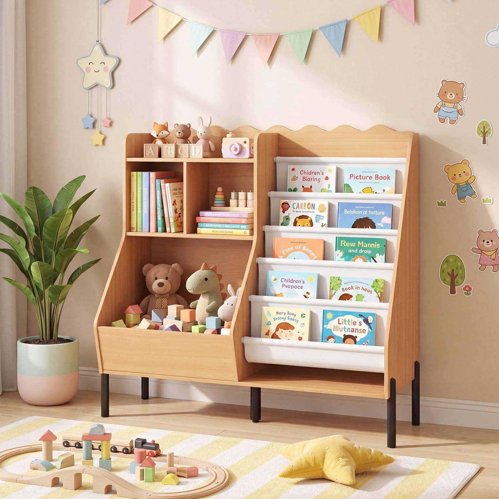 HOGEBABY 2 in 1 Wooden Kids Bookshelf | Montessori Toddler Book Shelf for Kids' Room