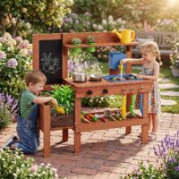 HOGEBABY Mud Kitchen | Solid Wood Toddler Role Play Toy w/13 Accessories