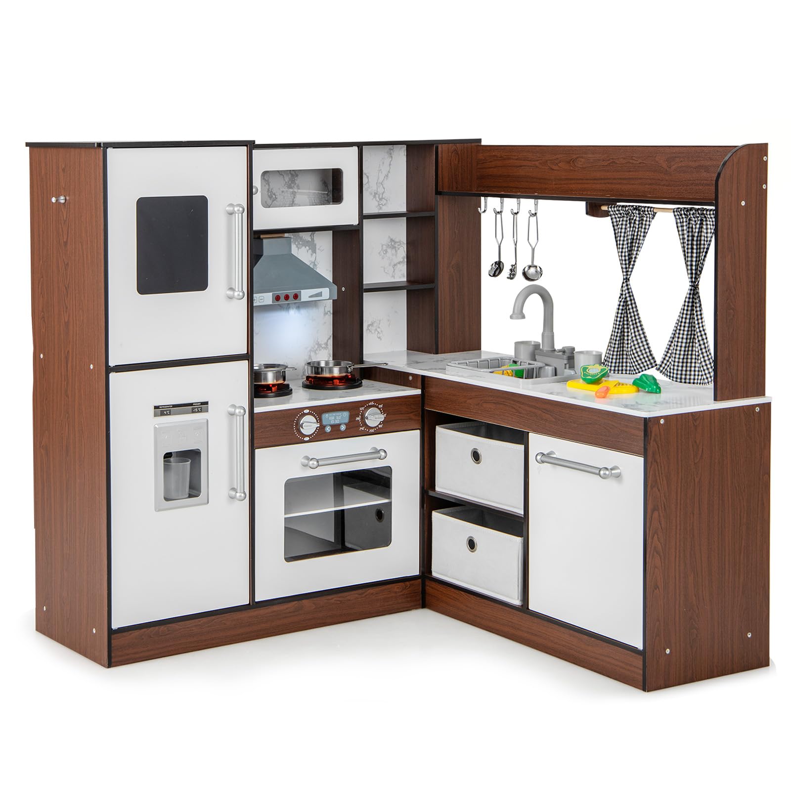 HOGEBABY Kids Corner Kitchen Playset, Toddler Pretend Toy Kitchen w/Sink & Faucet, Water Circulation System