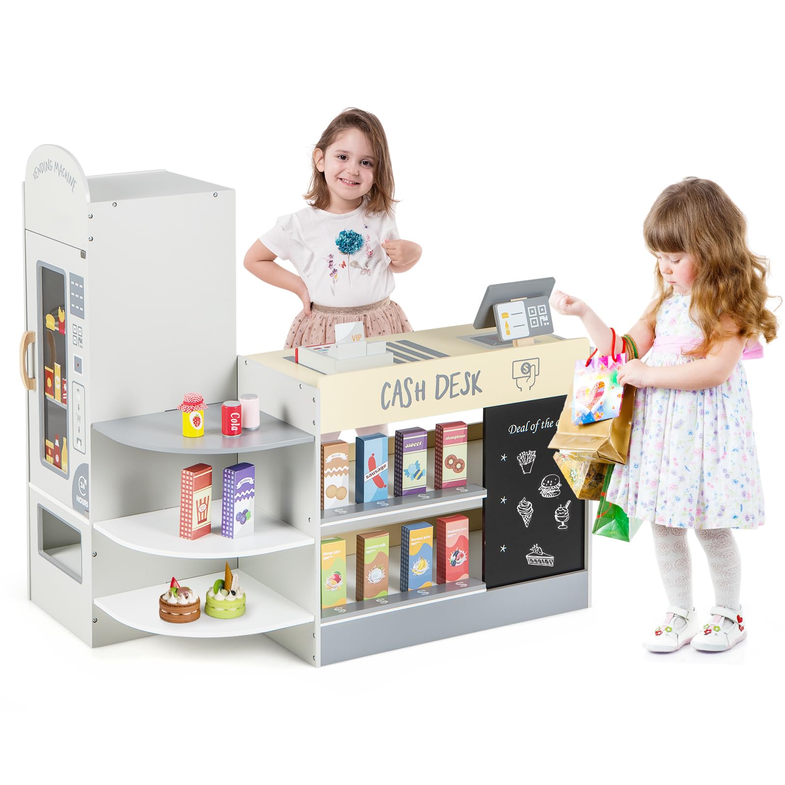 HOGEBABY Pretend Grocery Store Playset, Wooden Supermarket Toy Set for Kids with Chalkboard