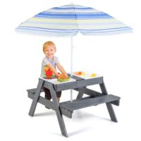HOGEBABY Kids Picnic Table, 4 in 1 Sand & Water Table w/Adjustable Umbrella