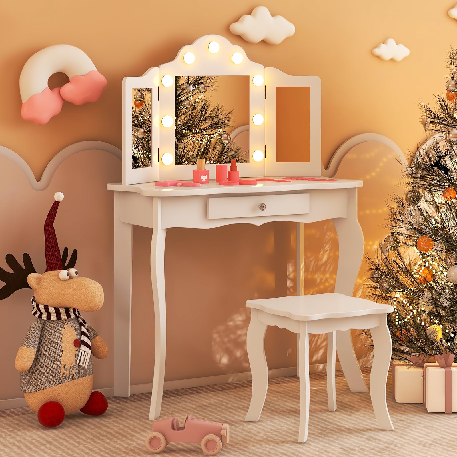 HOGEBABY Kids Vanity Table and Chair Set, Girls Vanity Set with Mirror and Stool, Storage Drawer, Wooden Princess Makeup Dressing Table - Image 2