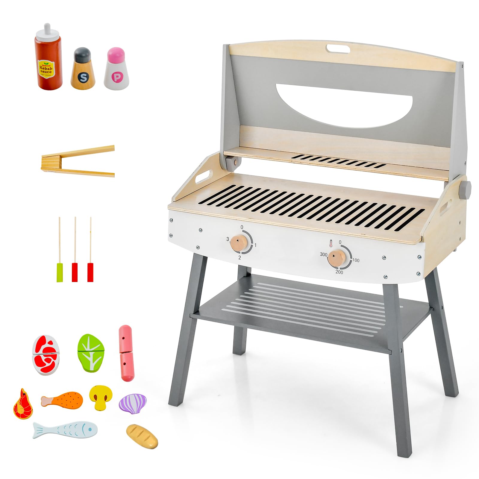 HOGEBABY Kids Barbecue Grill Playset, Wooden Kitchen Playset with 17 Play Food & Barbecue Accessories