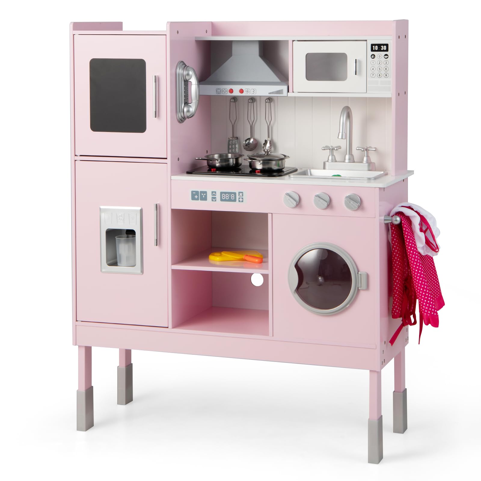 HOGEBABY Kids Pretend Play Kitchen, Wooden Kitchen Toy Set w/Range Hood, Stove, Microwave