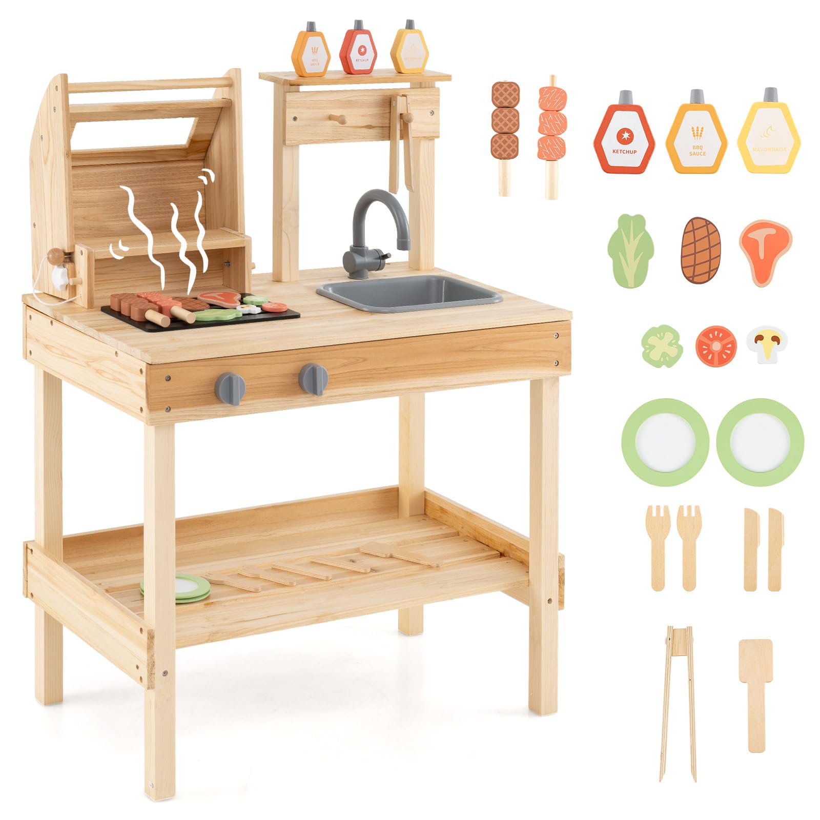 HOGEBABY Kids Grill Playset, Wooden Kids BBQ Grill Playset with Play FoodWith Shelf