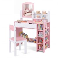 HOGEBABY Kids Vanity Set with Mirror and Chair Wooden Toddler Vanity Table and Chair Set