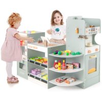 HOGEBABY Kids Grocery Store Playset, Wooden Play Store with Checkout Counter
