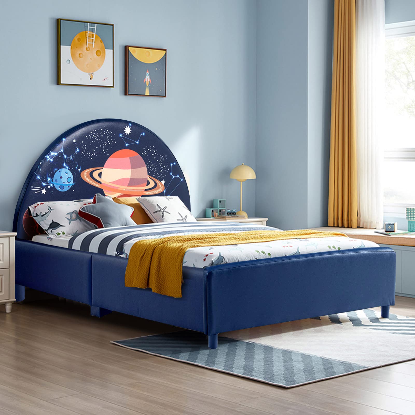 HOGEBABY Twin Bed Frames for Kids, Wood Upholstered Twin Bed Platform with Slat Support - Image 13