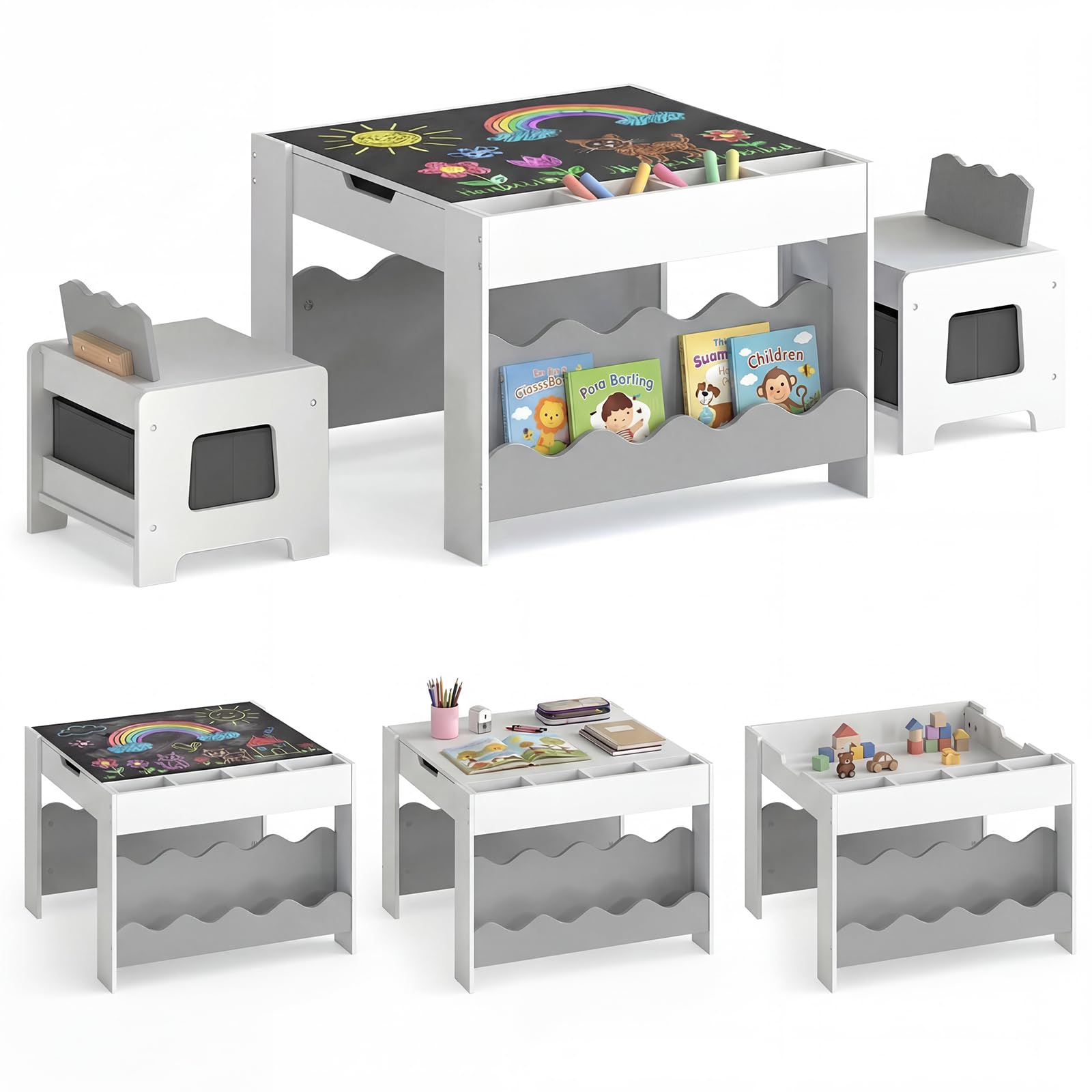 HOGEBABY Kids Table and Chairs | Wooden 4-in-1 Activity Desk Set w/Double-Sided Tabletop - Image 12