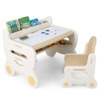 HOGEBABY Kids Table and Chair Set, Plastic Activity Table with Watercolor Pens, Blackboard Eraser & Storage Shelf