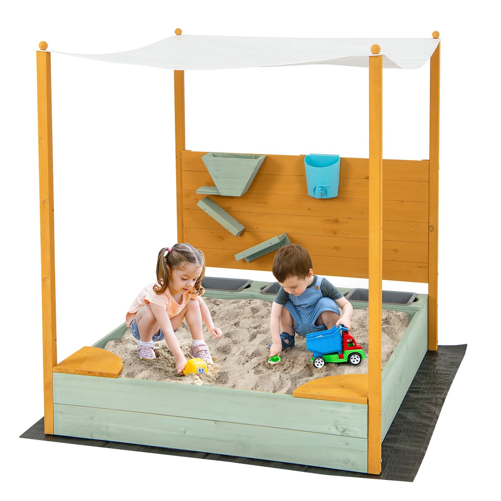 HOGEBABY Kids Sandbox with Sand Wall, Wooden Sandpit w/Removable Canopy, Water Bucket