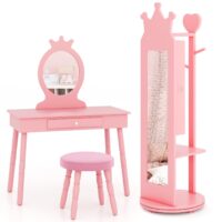 HOGEBABY Kids Vanity & Jewelry Armoire Cabinet, Wooden Kids Vanity Table and Chair Set