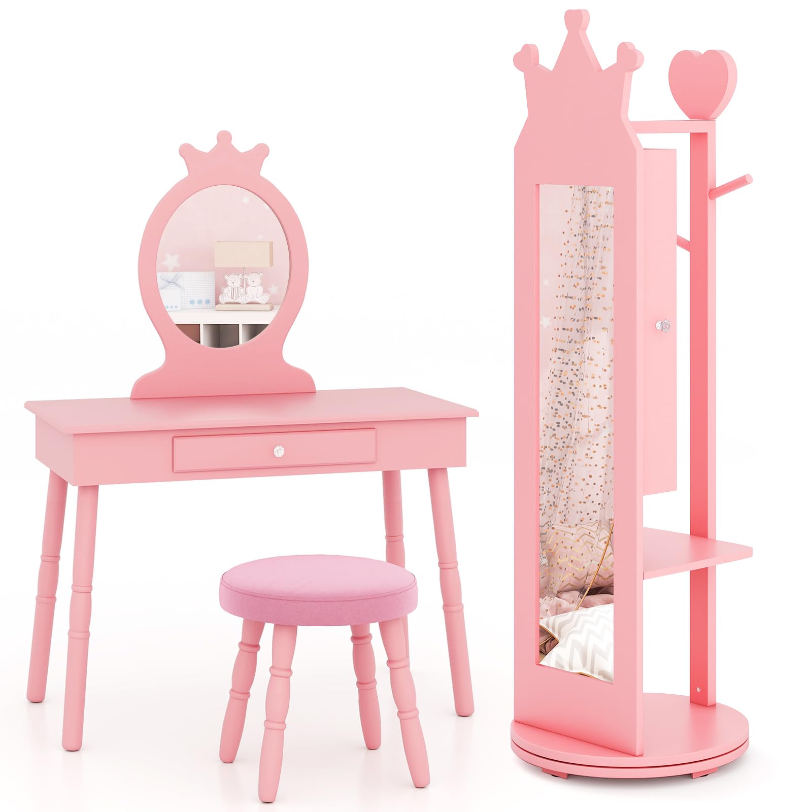 HOGEBABY Kids Vanity & Jewelry Armoire Cabinet, Wooden Kids Vanity Table and Chair Set