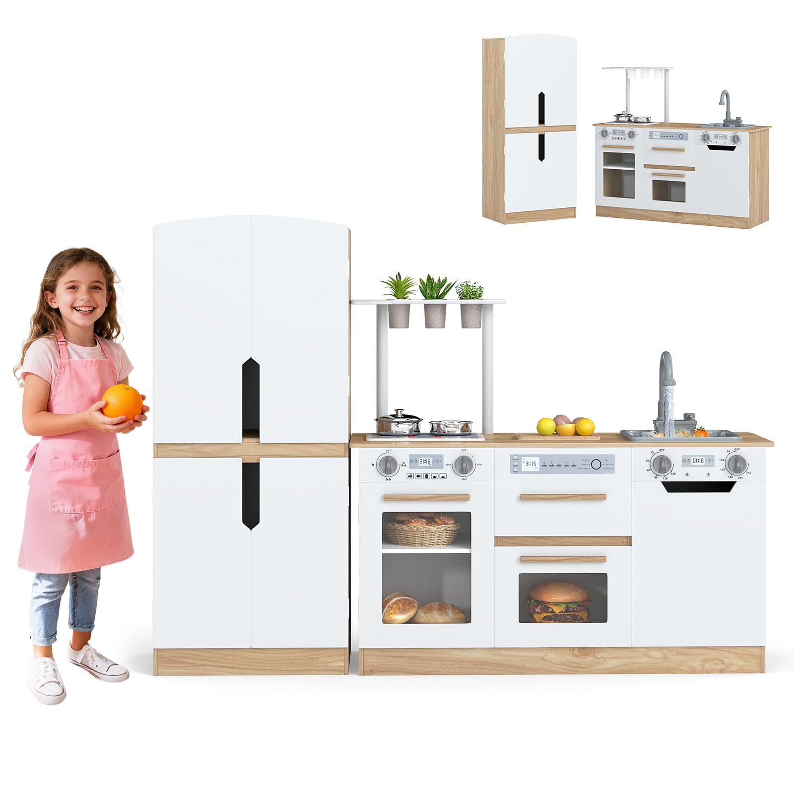 HOGEBABY Kids Kitchen Playset 2 Piece Wooden Modular Toy Play Set w/Running Water, Sound & Light