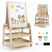 HOGEBABY 2-in-1 Wooden Art Easel w/Magnetic Whiteboard & Marble Run Game