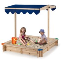 HOGEBABY Kids Wooden Sandbox with Canopy, Square Cabana Sandbox with Ground Liner