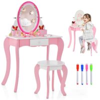 HOGEBABY Kids Vanity, Girls Vanity Set with Mirror and Stool, Drawer, Storage Grids