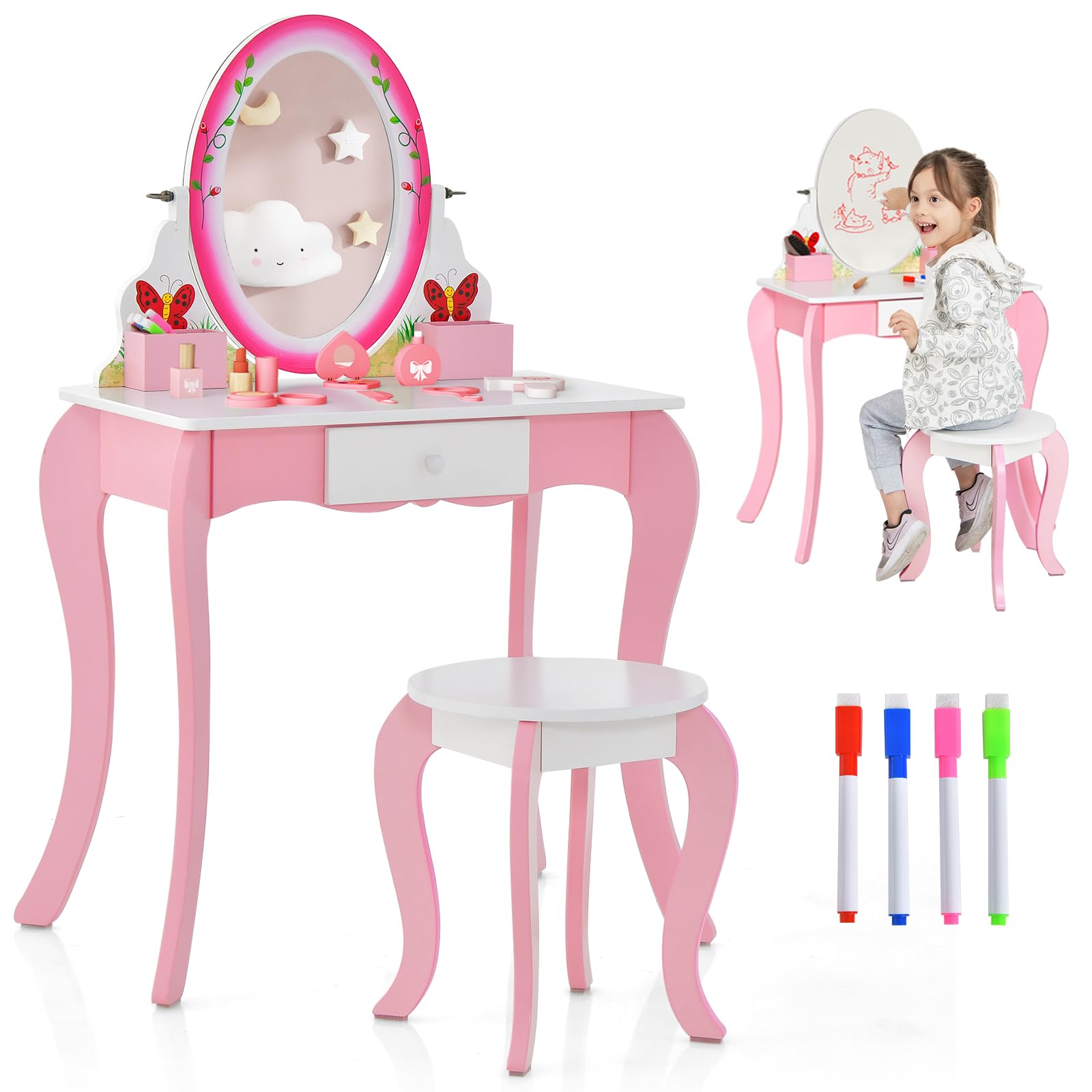 HOGEBABY Kids Vanity, Girls Vanity Set with Mirror and Stool, Drawer, Storage Grids