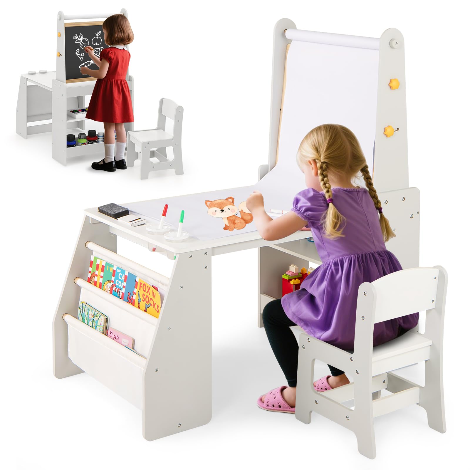 HOGEBABY Kids Art Table and Chair Set 4 in 1 Wooden Easel Activity Desk Set - Image 10