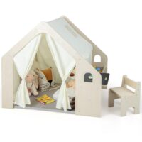 HOGEBABY 6-in-1 Kids Tent, Large Wooden Frame Playhouse with Table and Chair Set