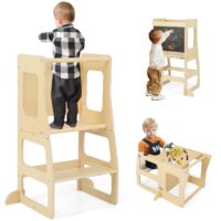 HOGEBABY 3 in 1 Toddler Tower, Kids Kitchen Step Stool with Chalkboard, Foldable Kids Table and Chair Set
