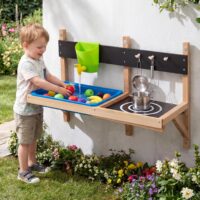 HOGEBABY Wall Mounted Wooden Play Kitchen w/Sink for Kids Outdoor