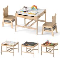 HOGEBABY Kids Table and Chairs 4 in 1 Wooden Activity Desk Set Bear Shape