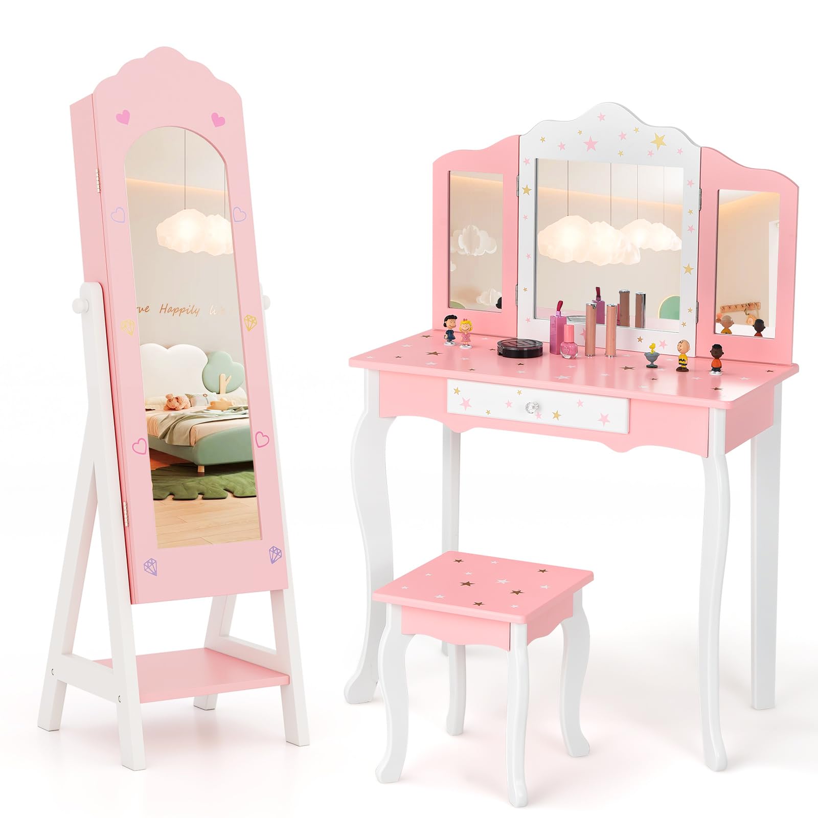 HOGEBABY Kids Vanity & Jewelry Armoire Cabinet, Kids Makeup Vanity Table and Chair Set - Image 10