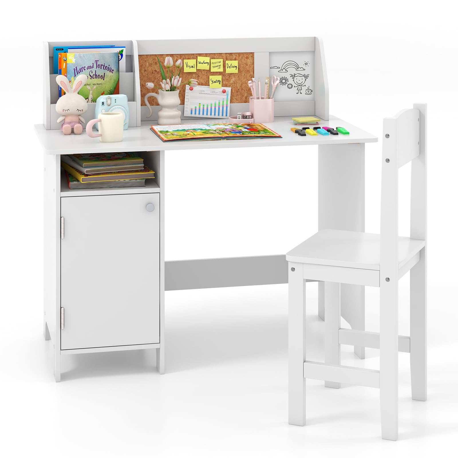 HOGEBABY Kids Desk and Chair Set, Wooden Children Study Table with Hutch