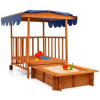 HOGEBABY Kids Retractable Sandbox with Canopy, with Large Play Area, Rear Wheels, Guardrails, Children Outdoor Playset