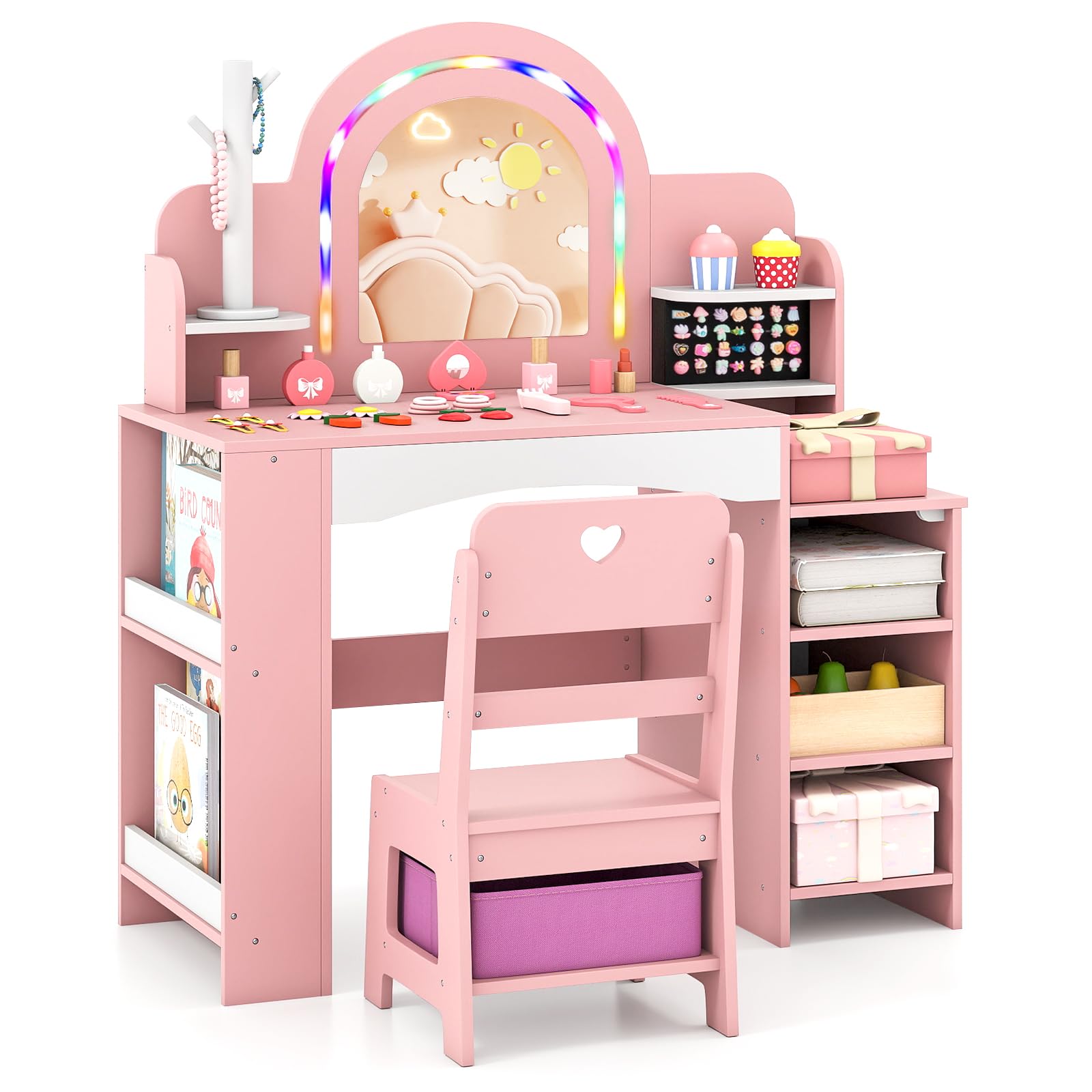 HOGEBABY Kids Vanity Girls Vanity Set with Lighted Mirror Bookshelf