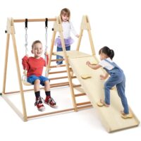 HOGEBABY Indoor Jungle Gym, 5-in-1 Foldable Montessori Climbing Toys for Toddlers w/Double-Sided Slide, Indoor Wooden Playground Climber Playset